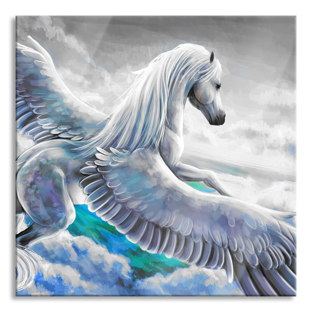 Ungerahmter Grafikdruck auf Glas "Pegasus über den Wolken"