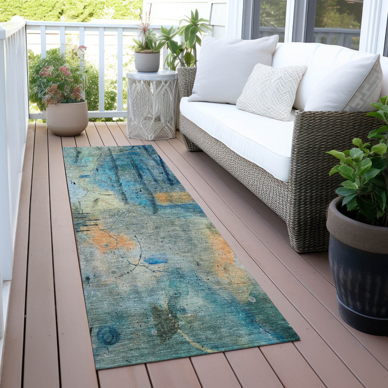 Tapis bleu sarcelle lavable à la machine intérieur / extérieur Xhevrie, Tapis de couloir 2 pi 3 po x 7 pi 6 po