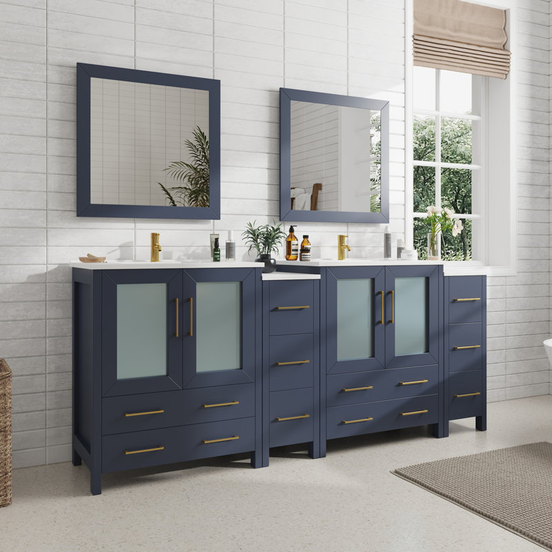  84" Double Bathroom Vanity Set with Mirror, Blue