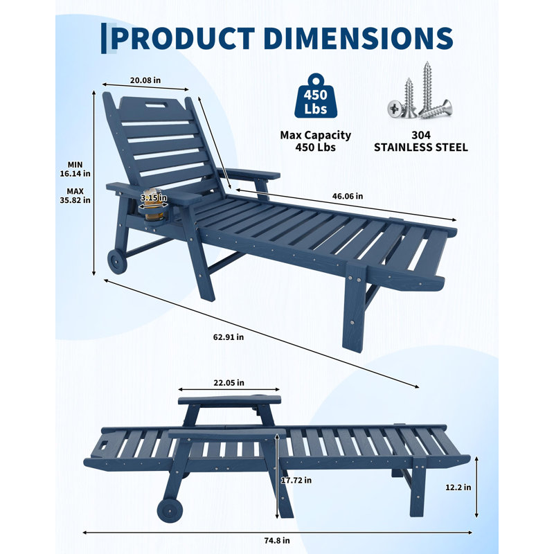 Banc de jardin en PEHD résistant aux intempéries - Texture en bois, dossier inclinable à 5 positions, inclinable, idéal pour la piscine, le jardin ou la cour, bleu marine, ensemble de 2