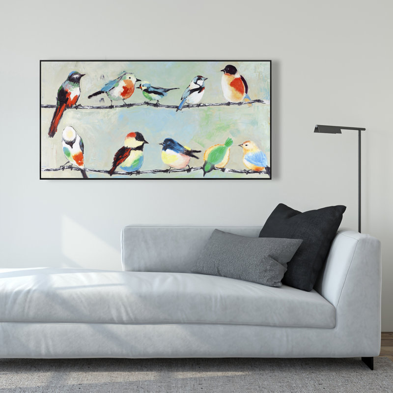 Petits oiseaux colorés abstraits - décoration sur toile encadrée oiseau orange
