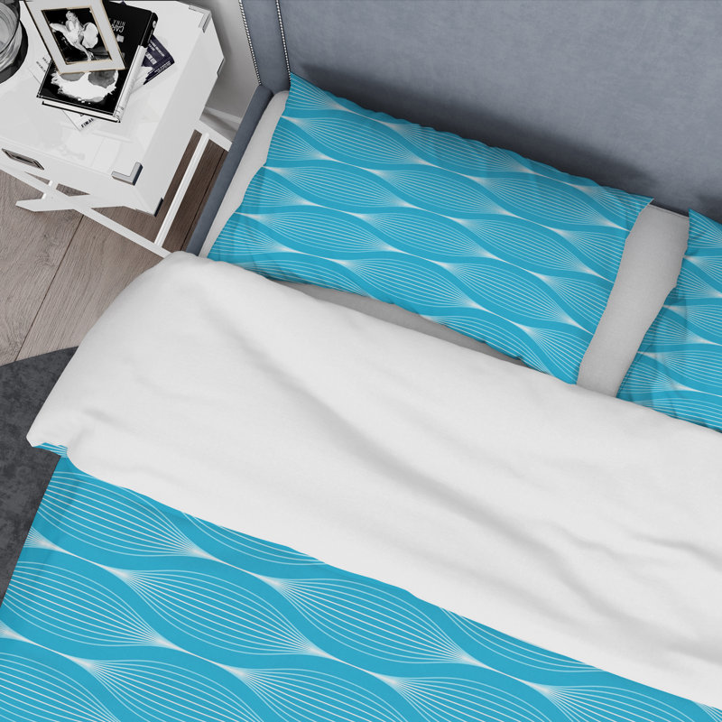 Retro Art Deco - Mid century bedding set - Modern Mid-century Bed cover set, Twin Duvet Cover + 1 Sham, Light Wave Blue