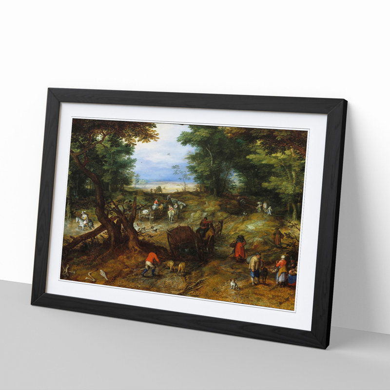A Woodland Road with Travellers by Pieter Bruegel the Elder - Picture Frame Painting, 36cm H x 48cm W x 2cm D, Black Framed