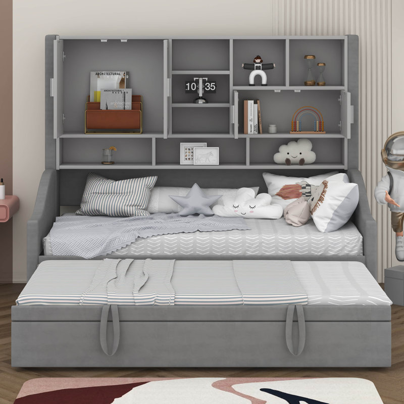 Lit de jour simple en velours rembourré avec lit gigogne escamotable, étagères et armoires de rangement murales, cadre de lit en bois avec éclairage d'accoudoirs