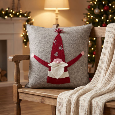 Hand Felted Wool Pillow - Gnome with Red Sequin Hat - 20"