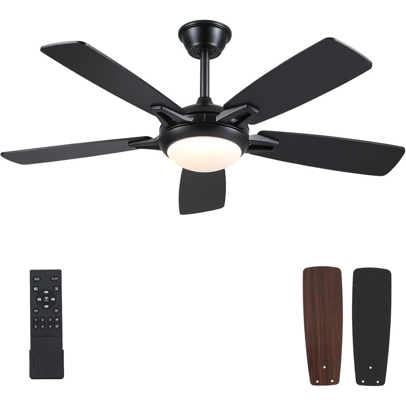 52" 5-blade Ceiling Fan With Lights And Remote Control, Black