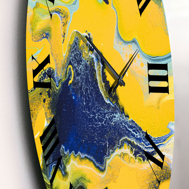 Composition abstraite de marbre jaune et bleu I - horloge murale moderne, Petit