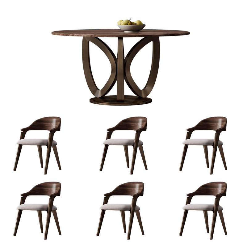Ensemble de table de salle à manger luxueux brun rond en bois massif