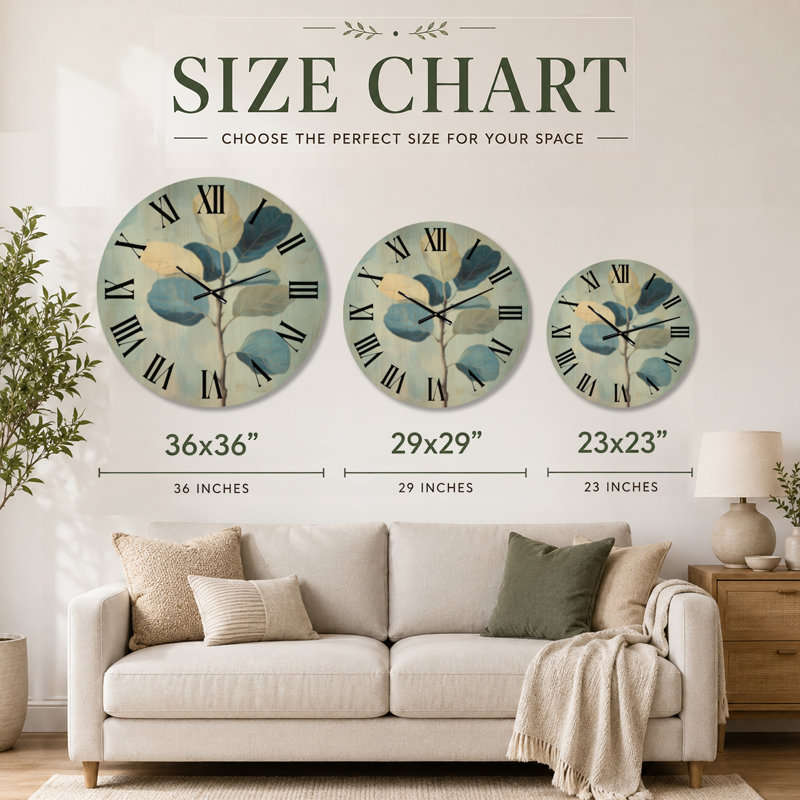 Horloge murale décorative botanique en forme de branche de figuier bleue, imprimée sur bois, Médium