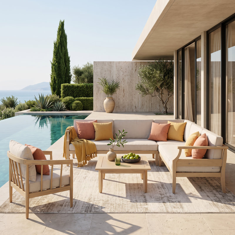 Ensemble de conversation d'extérieur Dakota en bois d'acacia de style moderne du milieu du siècle, comprenant un canapé d'angle et une table basse à lattes.