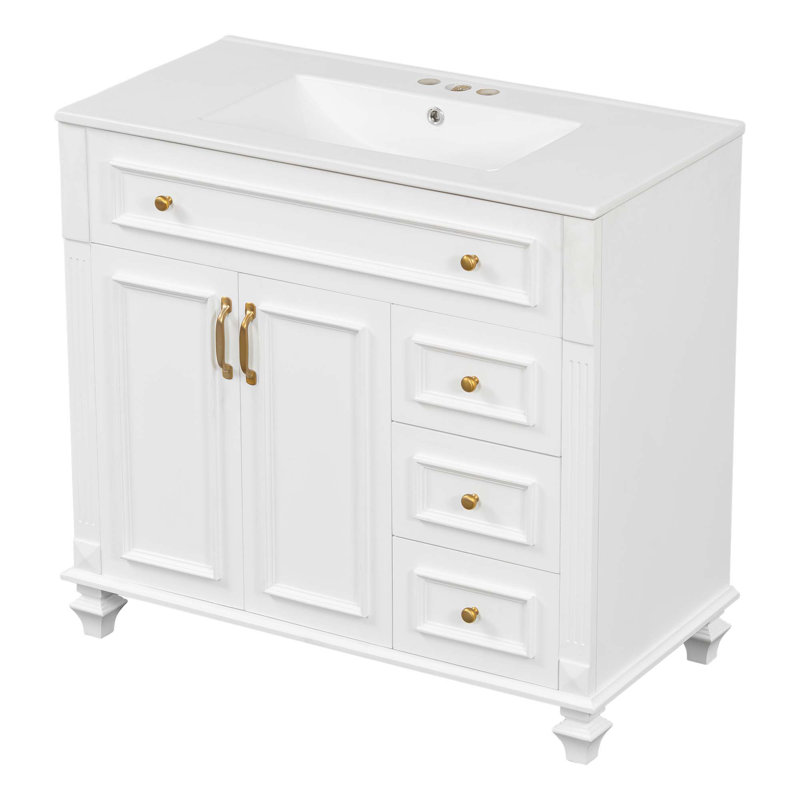 Meuble-lavabo de 36 po avec lavabo, meuble-lavabo avec tiroir rabattable, 3 tiroirs, 2 portes à fermeture en douceur, bois massif et panneau de fibres à densité moyenne, quincaillerie élégante