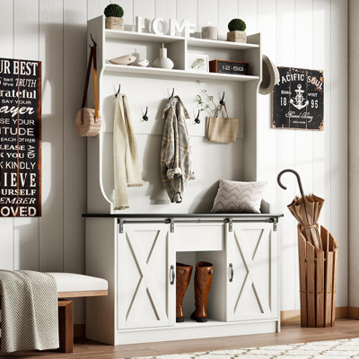Farmhouse Hall Tree with Storage, 42 Inch Wide Entryway Bench with 2 Sliding Barn Doors,Tall Hall Tree with Coat Rack & Shoe Storage by Gracie Oaks