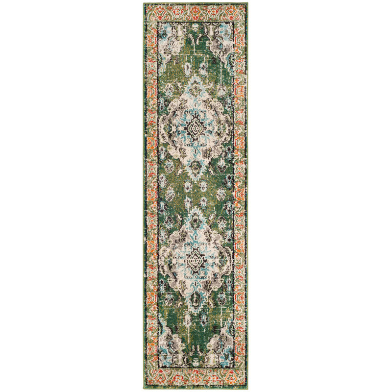 Almyra Oriental Area Rug, Runner 2'2" x 20', Forest Green/Light Blue