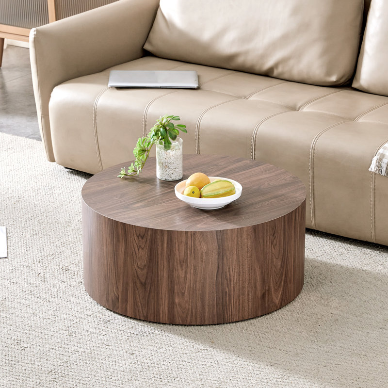 Ragin Modern Round Coffee Table - Medium Tone Wood Top with Drum Base, Standard Size Center Table for Living Room, Versatile Storage & Mid-Century Style