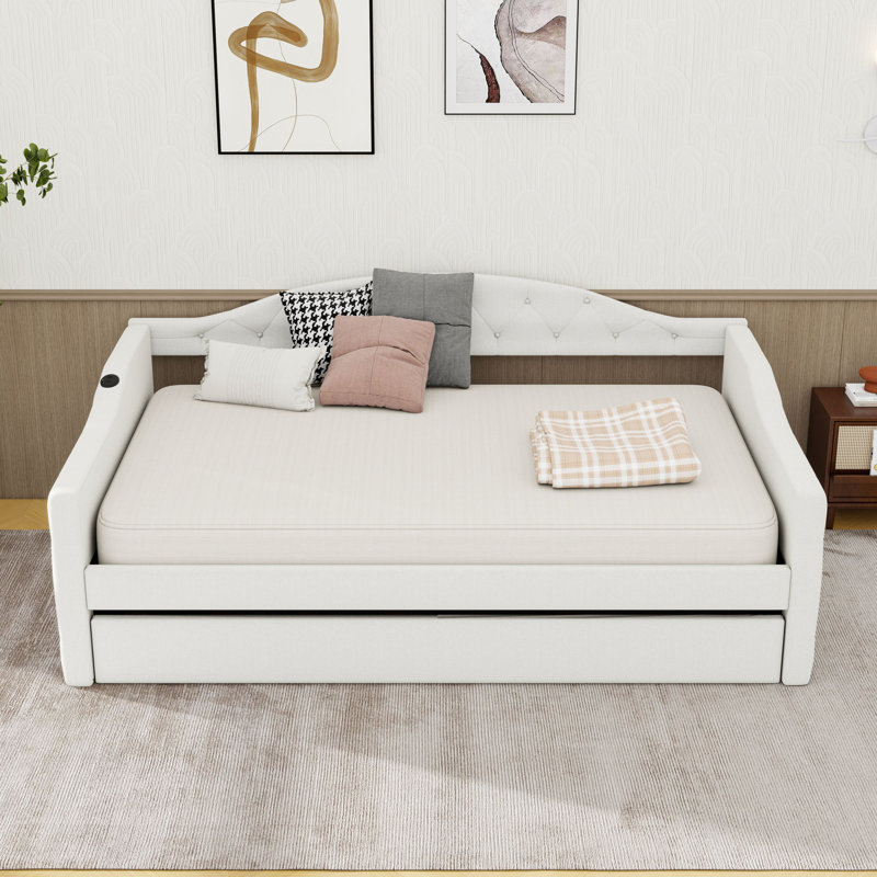 Twin Velvet Upholstered Daybed with Trundle and Tufted, Beige