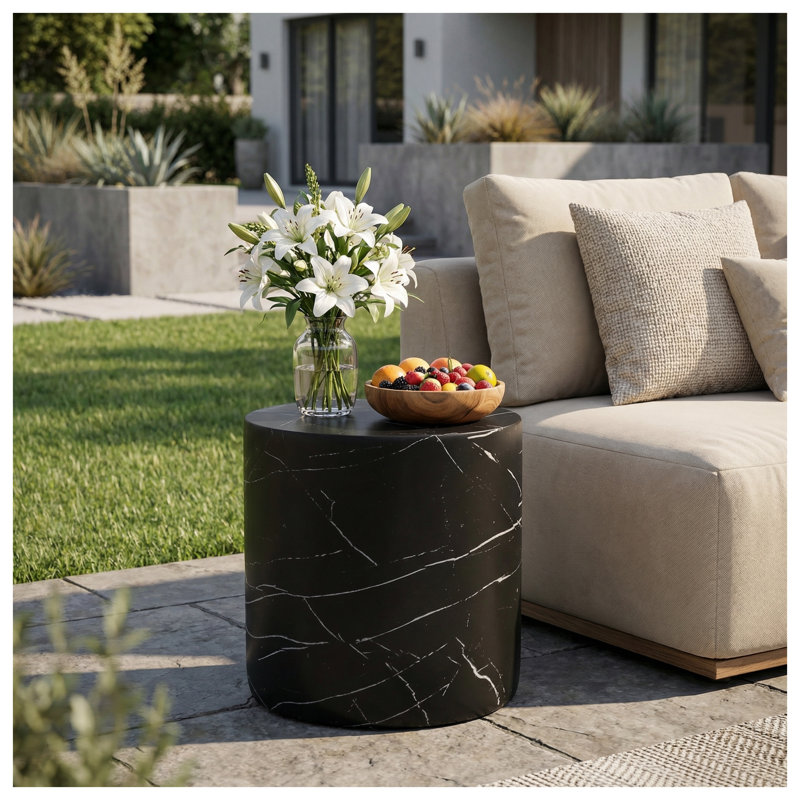 Table d'appoint cylindrique noire en béton léger MGO pour l'intérieur et l'extérieur