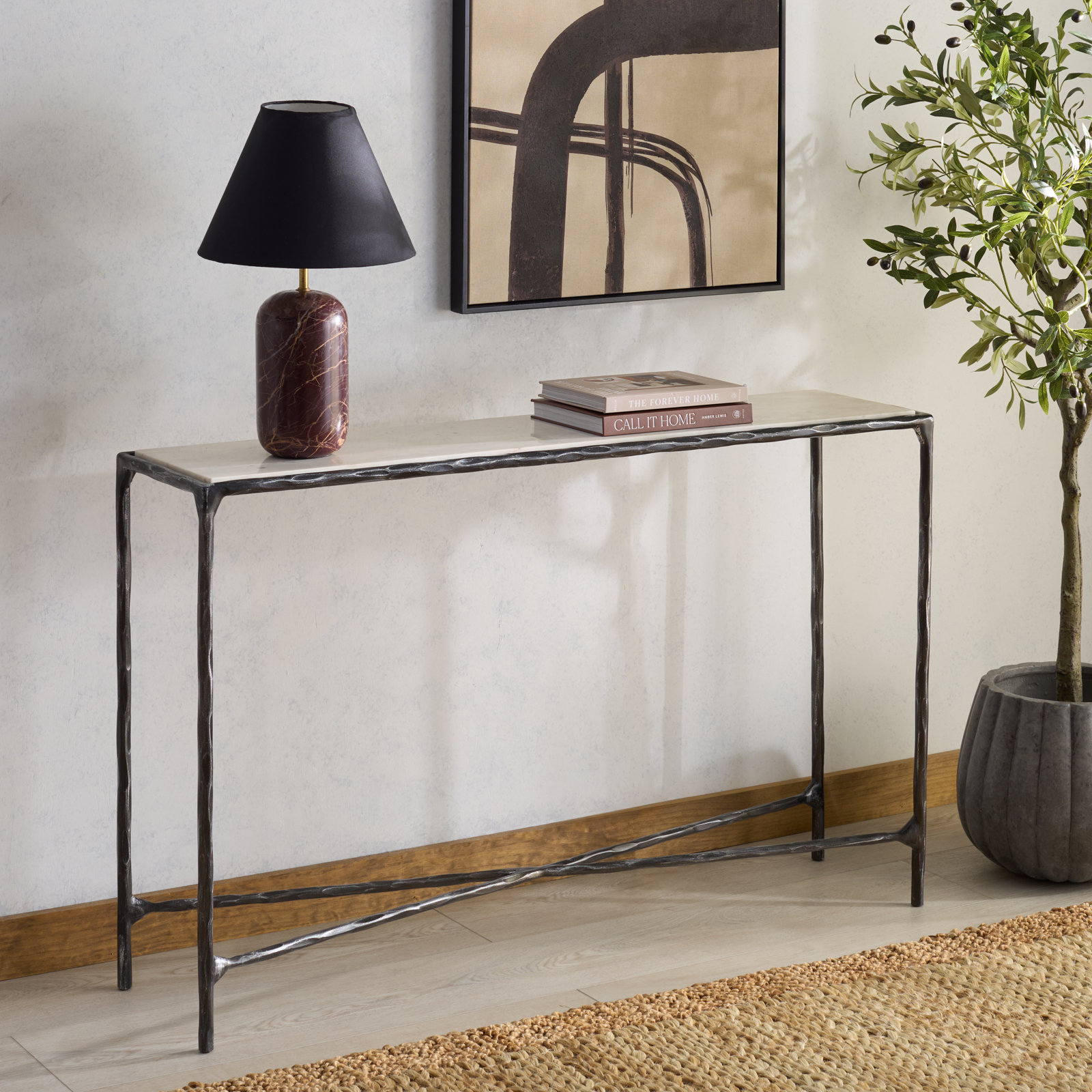 Evelynn 48'' Console Table, White Marble, Black