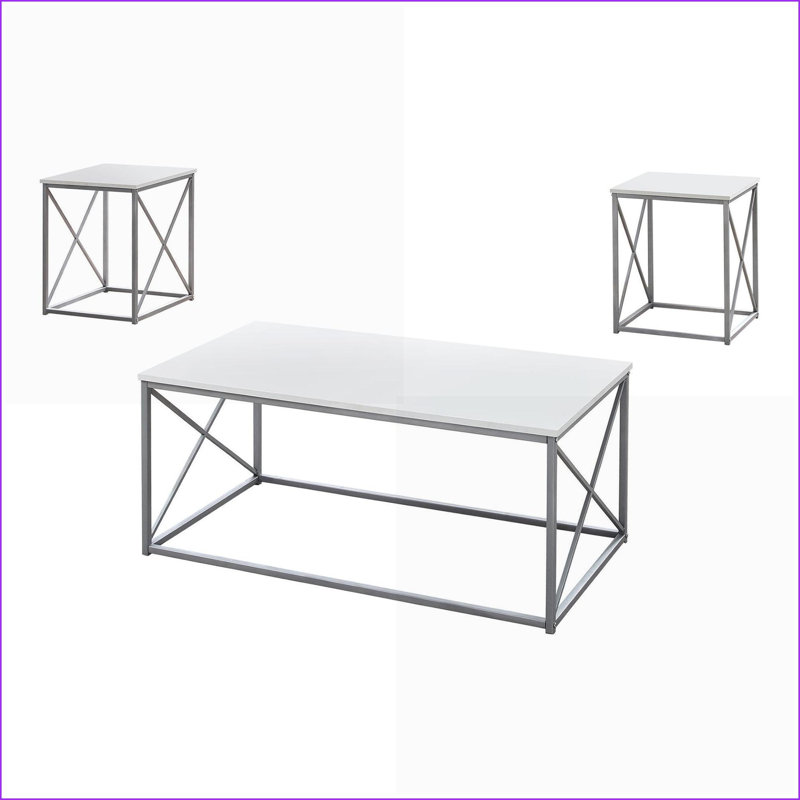 Ensemble de 3 tables basses contemporaines - plateau en stratifié blanc, structure en métal gris pour le salon avec beaucoup d'espace