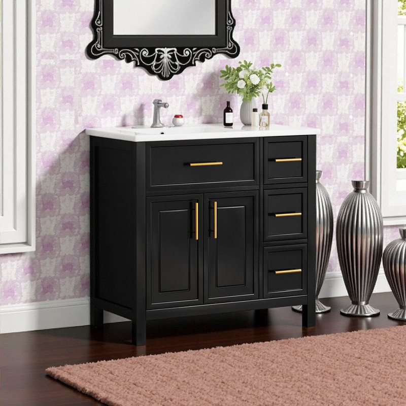 Ensemble de meuble-lavabo en bois massif 36 po avec lavabo en céramique et 3 tiroirs, Noir