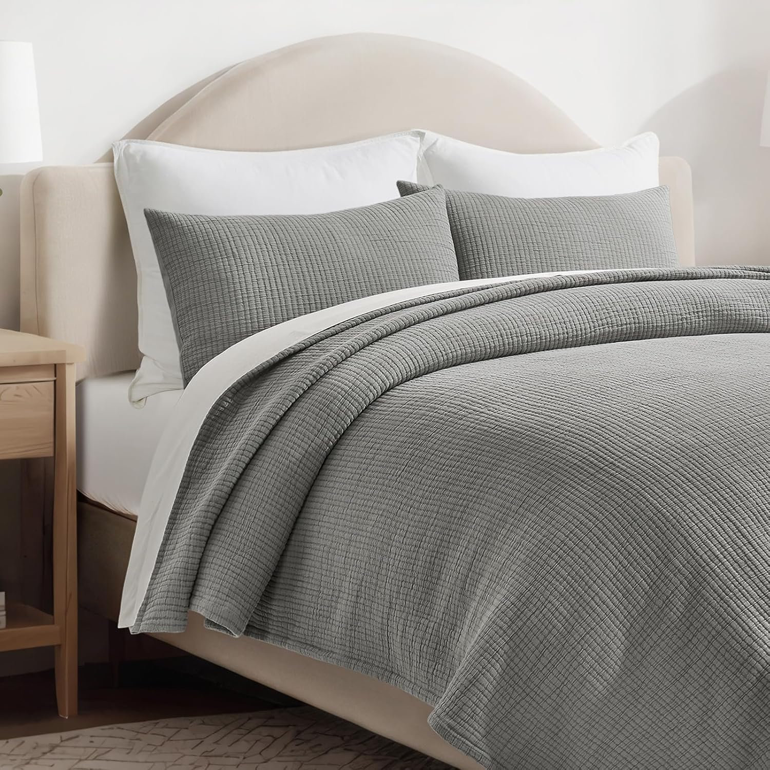 Cotton Gauze Coverlet Set, King Quilt + 2 King Shams, Fog Gray
