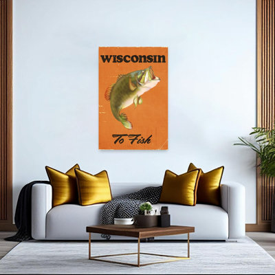 Wisconsin Bass Fishing Retro Vintage Fish Nature Wildlife Wall Art Print 1 Piece Wrapped Canvas Wall Art