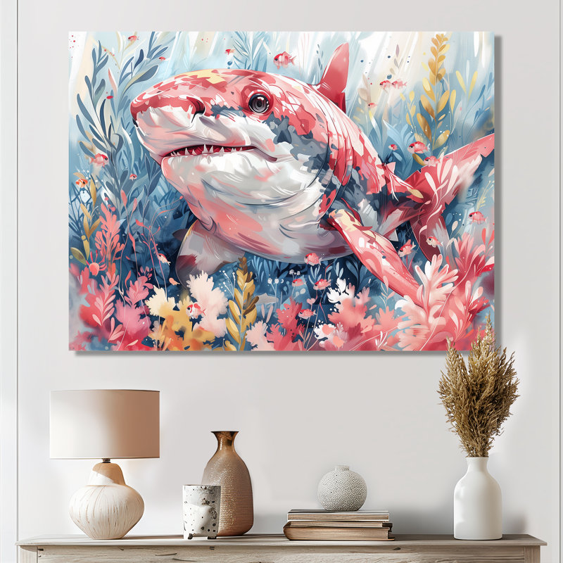 Pink Grey Hunting Shark Watercolor I - Sharkwall Art Wall Art Living Room, No Framed, Metal, 24'' H x 32'' W