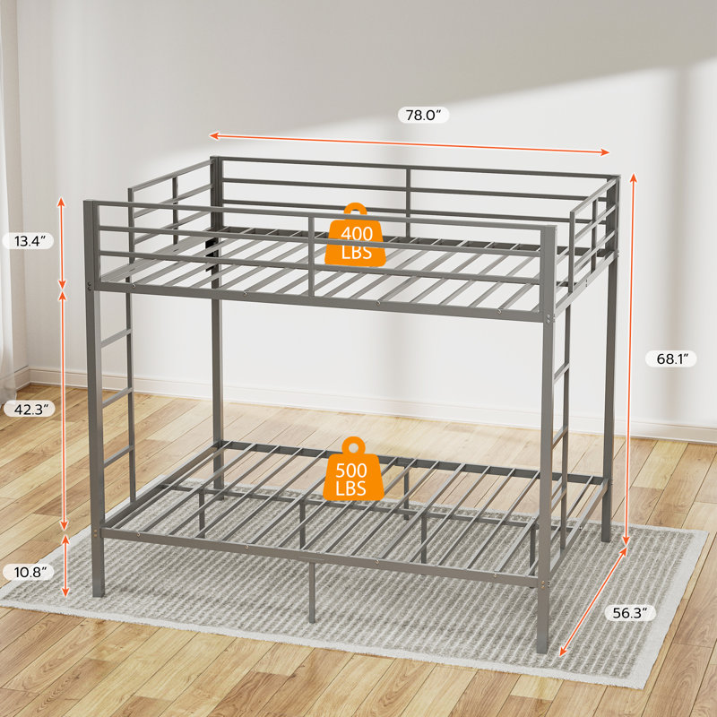 Isabelle & Max™ Metal Full Over Full Bunk Beds with LED Lights and Charging Station, Heavy Duty Metal Full Size Bunk Bed Frame with Safety Guardrail & 2 Ladders, Space-Saving Design, No Box Spring Needed, Silver 