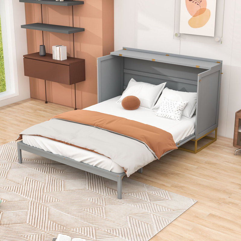  Grand lit escamotable Garretson avec portes en verre givré et pieds en métal, gris