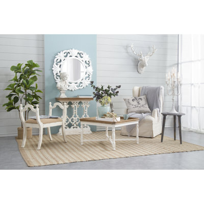 31.9" X 11.8" Console Table With Vintage White Wash And Brown Wood Top, Intricate Detail Piece Classic Surface Base For Living Areas