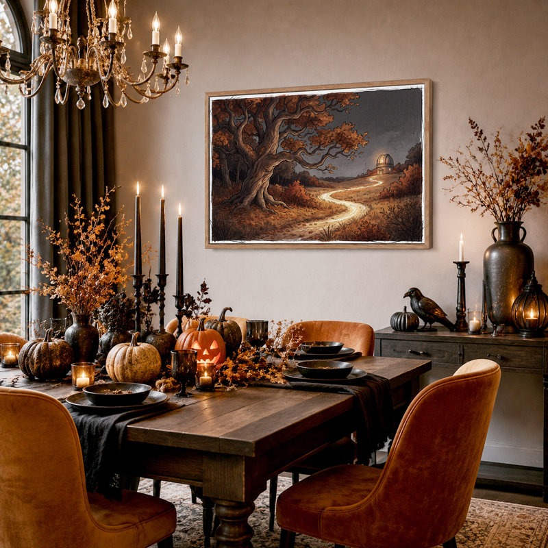 Arbre d'automne et chemin sinueux vers l'observatoire, art mural d'Halloween, 36"H x 48"W