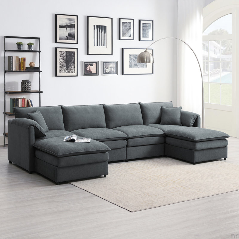 Canapé modulaire en chenille avec coussins doubles, Gris foncé