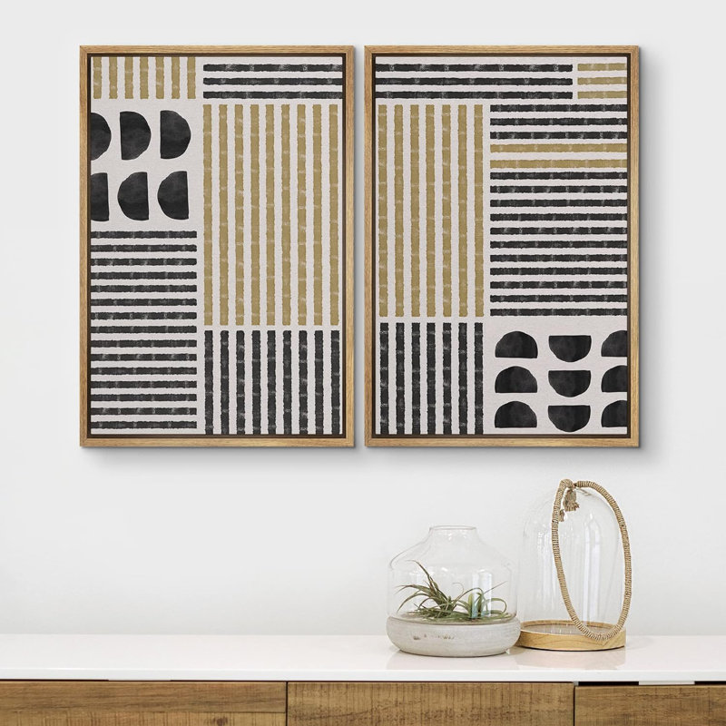 Motif géométrique noir et jaune et demi-cercles de formes abstraites modernes sur toile, 2 pièces, Cadre naturel flottant