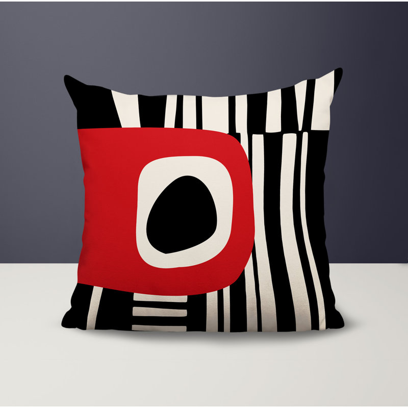 Oreiller carré réversible intérieur / extérieur Jina, Rouge / noir / blanc cassé abstrait, H 17 po x l 17 po