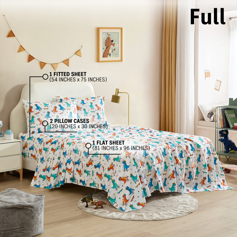 Ensemble de draps HLC.ME pour enfants, Lit double, Dinosaure en planche à roulettes