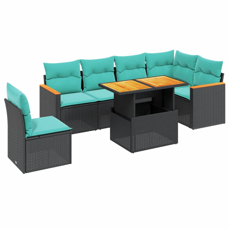 Ensemble de canapé de patio 7 pièces avec coussins en rotin de polyester, Noir, Vert