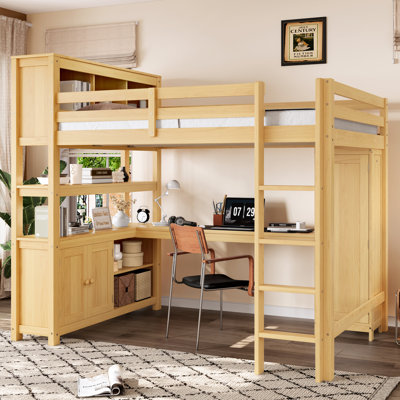 Lit mezzanine en bois avec armoire et bibliothèque, grand lit mezzanine avec garde-robe et bureau pour enfants, naturel