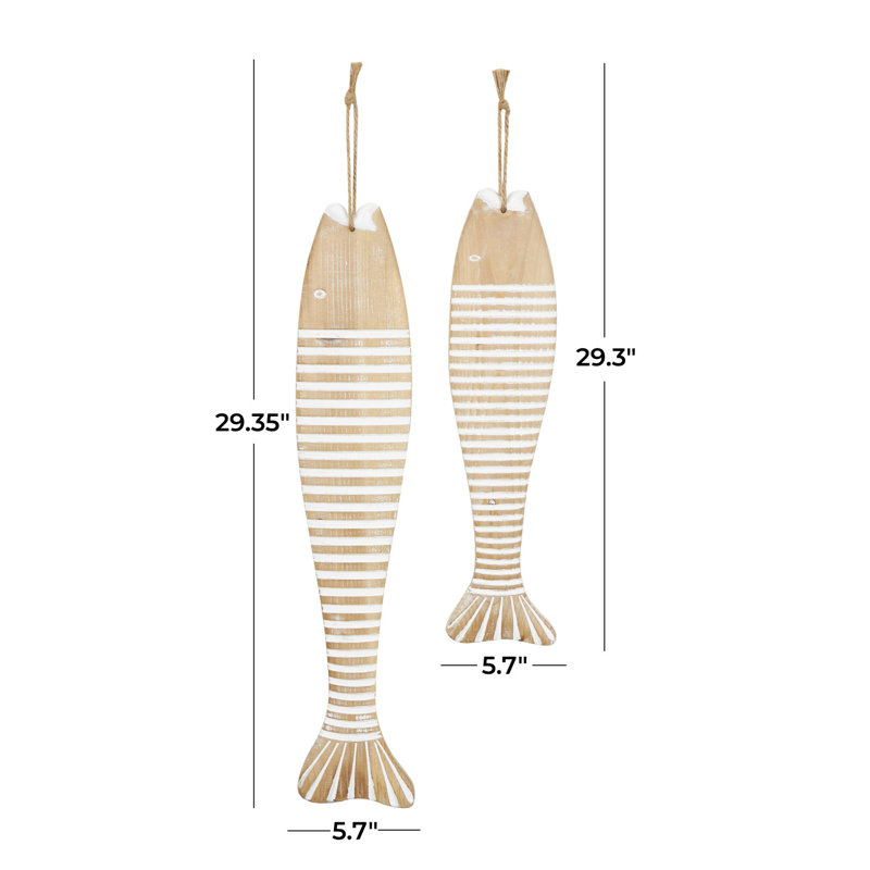 Wood Fish Brown Wall Decor with White Stripes and Hanging Rope Set