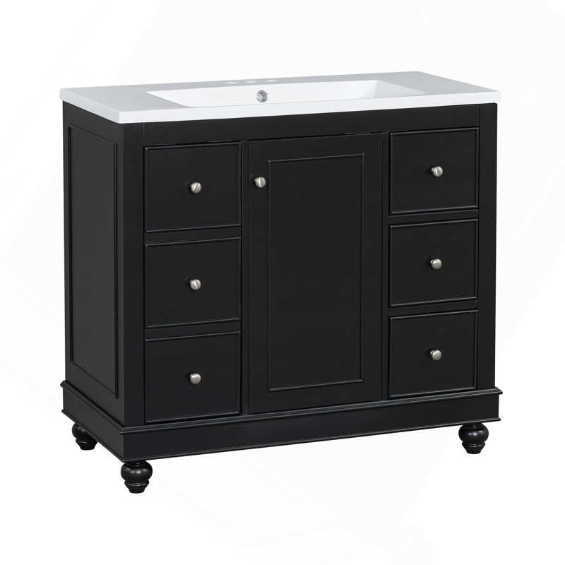 Meuble-lavabo contemporain noir - 36 po x 18 po x 34 po, 4 tiroirs et 1 porte d'armoire, rangement polyvalent, lavabo intégré en résine, tablettes réglables, structure en bois massif avec panneau de fibres à densité moyenne
