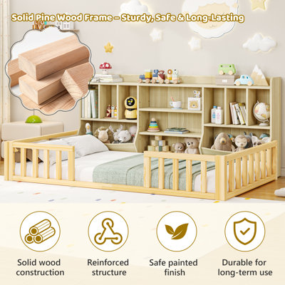 Toddler Bed, Montessori Floor Bed for Kids, Wood Platform Bed with Guardrails & Bookcase