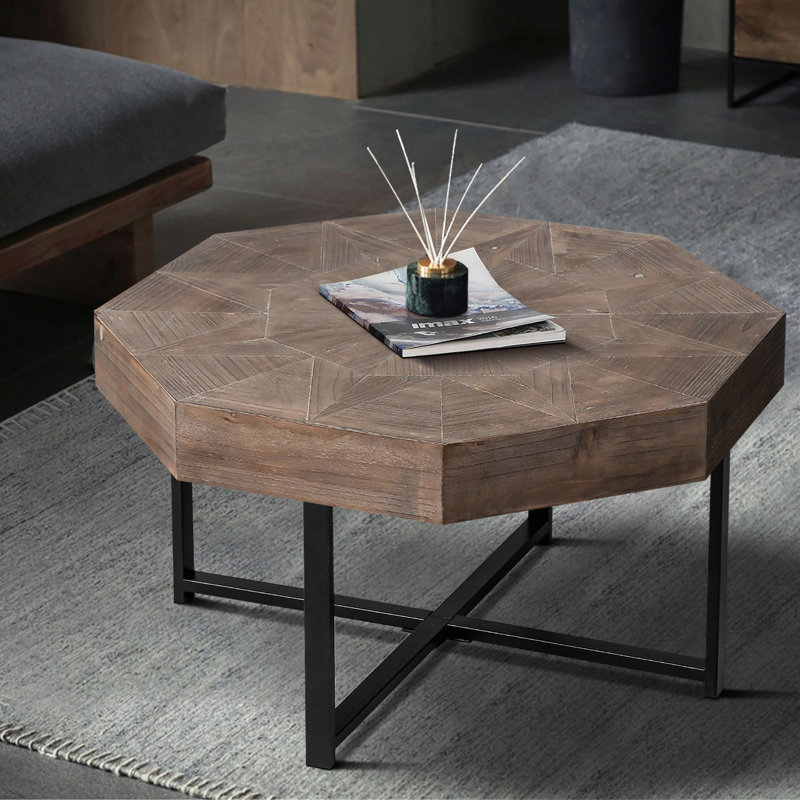 Table basse octogonale en bois avec patchwork de style campagnard 30 pouces, Brun antique