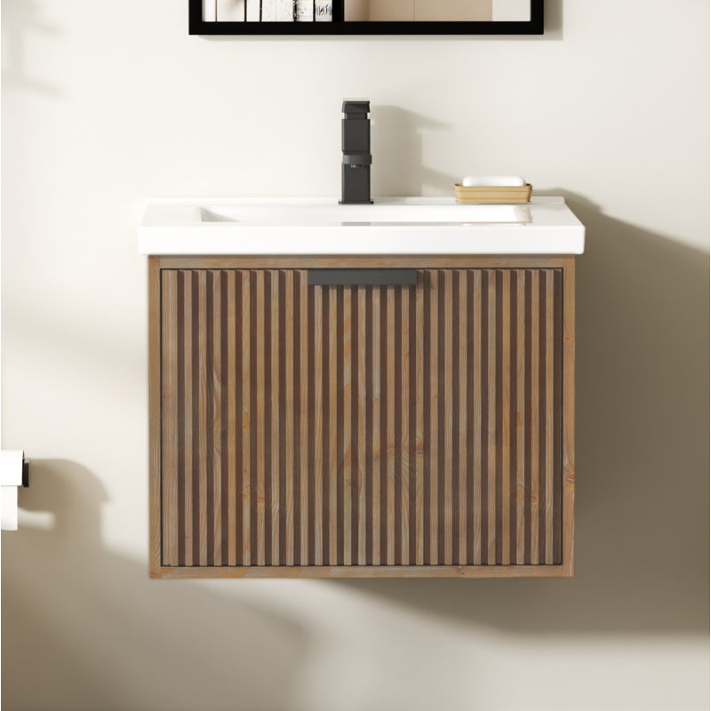 Meuble-lavabo flottant 24 po avec lavabo simple blanc Maxbano, Marron clair, Noir