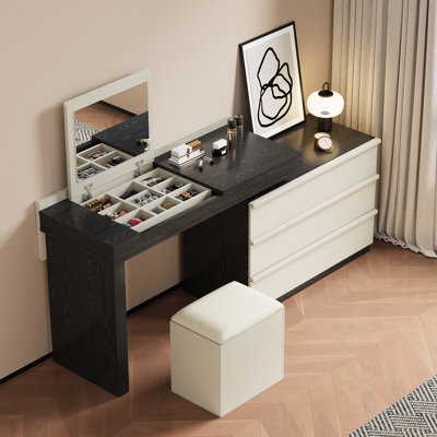 47" Extendable Makeup Vanity with Mirror and Jewelry Organizer –Featuring Three Drawers and Matching Stool