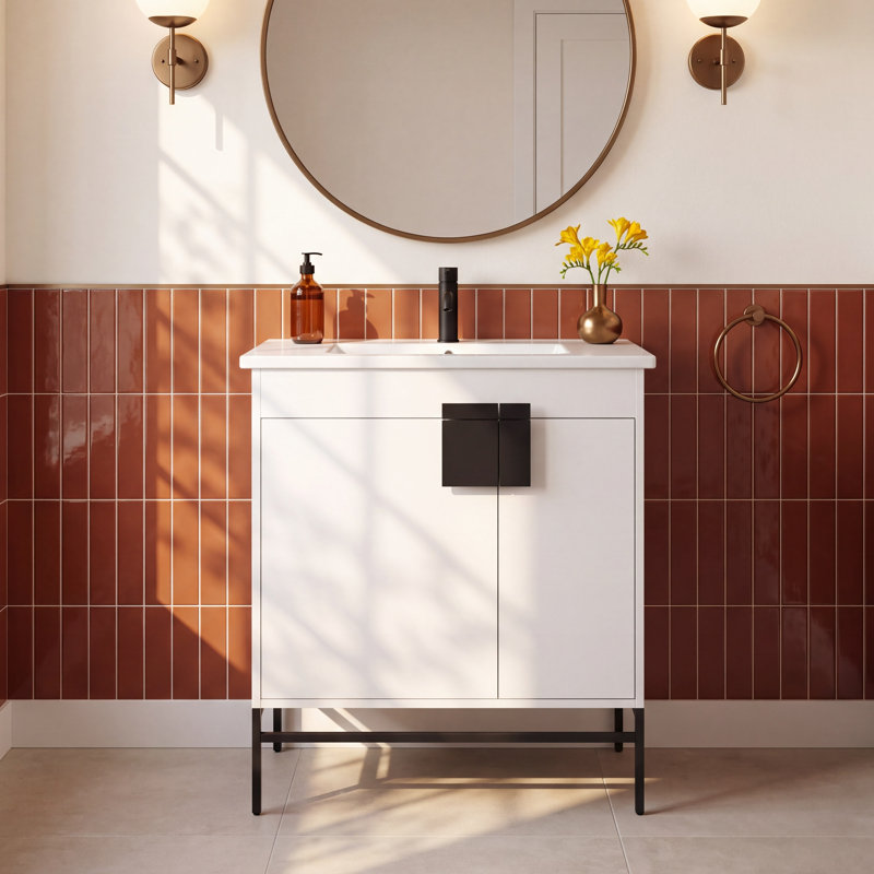 Maisie 30'' Single Bathroom Vanity with Ceramic Top, Matt White Paint, Black Matte