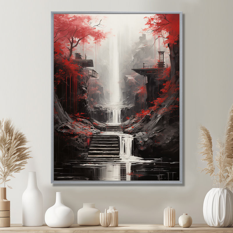 «Red Tree Endless Waterfall Journey», art sur toile, H 44 po x l 34 po x P 1,5 po, Cadre argenté flottant