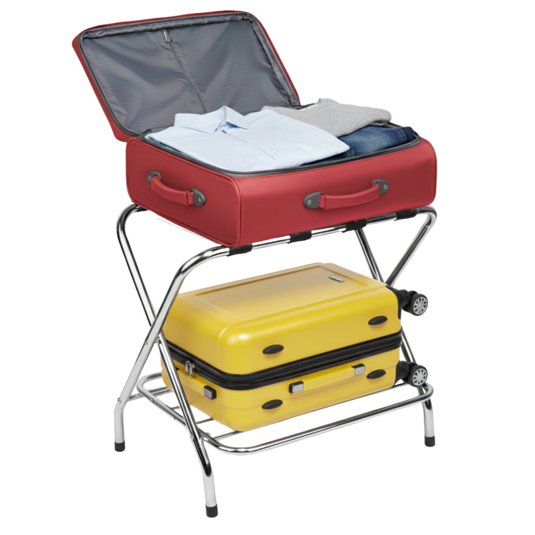 USTECH Luggage Rack-Double Tier-Assembled, Chrome, Storage Organizer, Pack of 1 USTECH