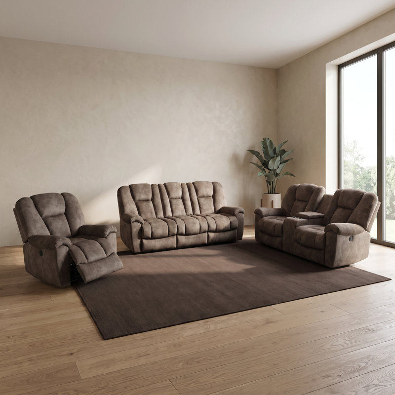 Ensemble de canapé inclinable électrique brun 3 pièces | Meubles de salon inclinables avec charge USB, console de rangement, porte-gobelets et support lombaire