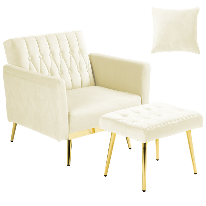 Siemon Velvet Accent Chair with Ottoman, Beige Velvet