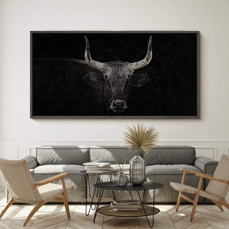 Cow " Black Monochrome Bull Modern Animal Art Relax Calm Minimalist Neutral Extra Large Pictures ", 30" H x 60" W, Black