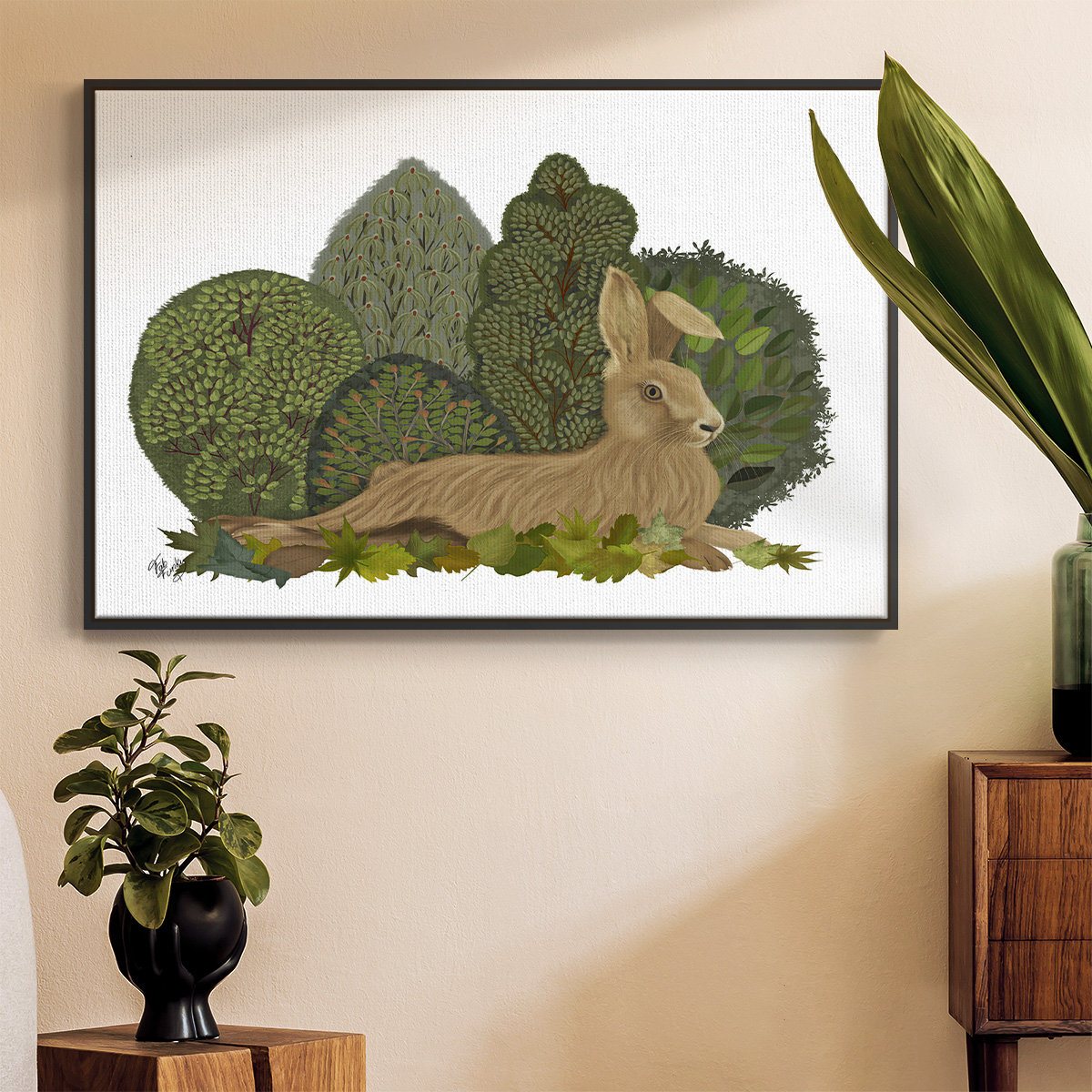 Wexford Home Hare Reclining In Leaves Framed On Canvas Print | Wayfair