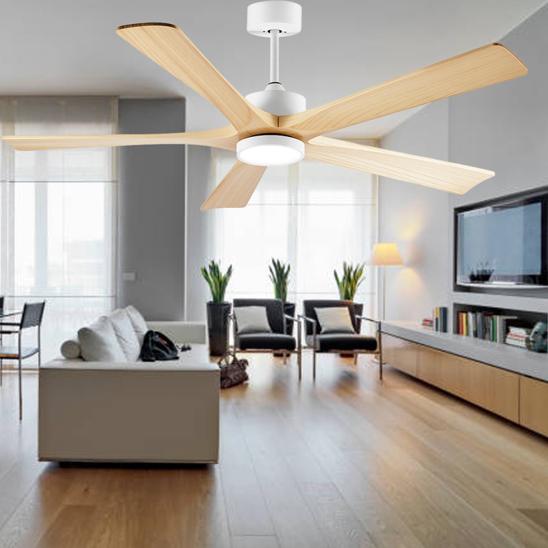 Ventilateur de plafond de 60 pouces avec lumière, 5 pales en bois massif, fixation par tige pour plafond incliné ≤15 °, moteur CC réversible silencieux, application et télécommande, 6 vitesses, minuterie, DEL à spectre complet à intensité variable